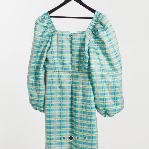 GLAMOROUS Taffeta Checkered Mini Dress Puff Sleeve - Picture 2 of 8